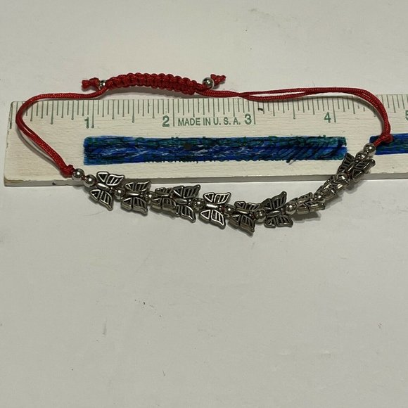 silver tone butterfly Bead red string adjustable bracelet  Anklet - Picture 5 of 6